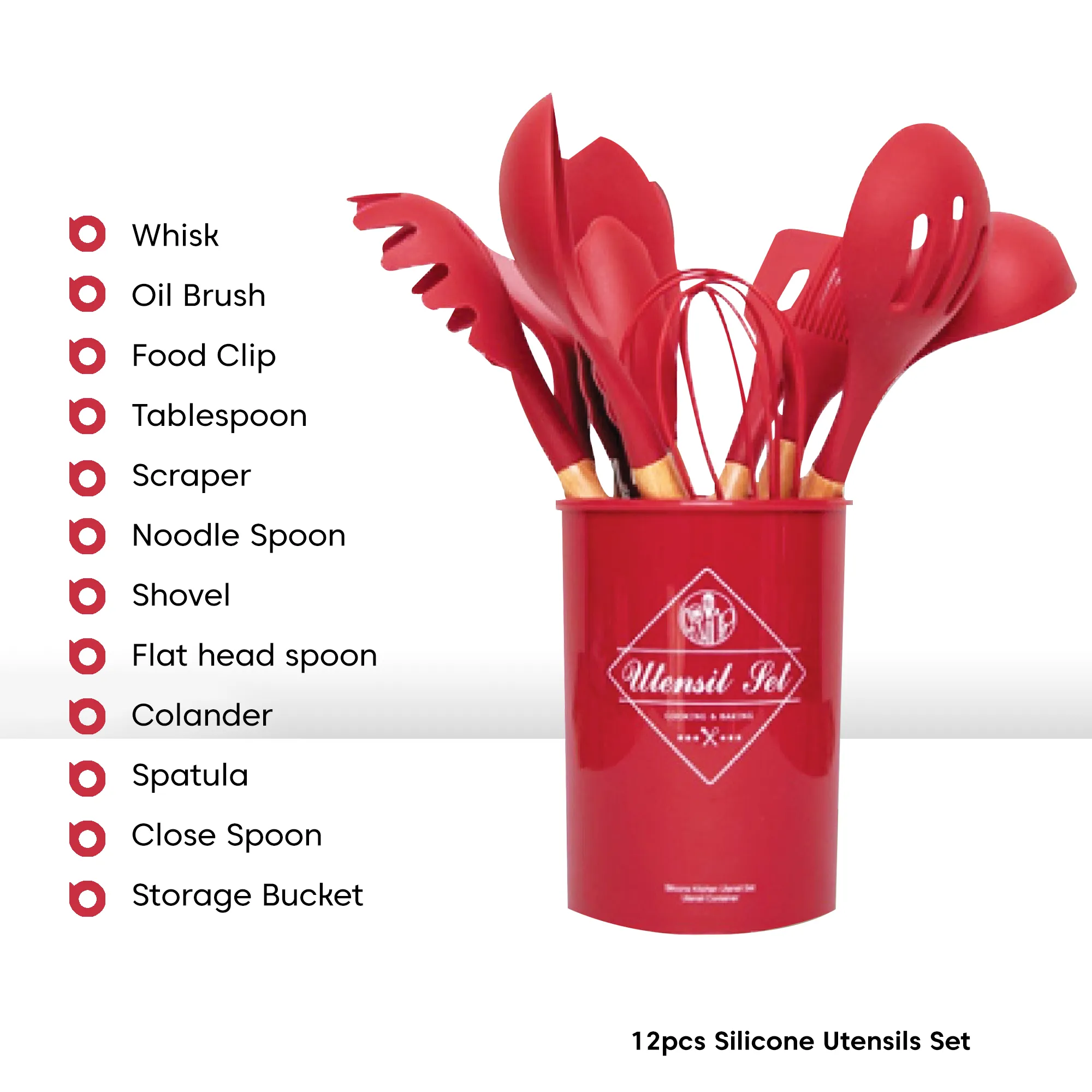 12 Piece Silicone and Wood Cooking Utensils in Cherry - Red